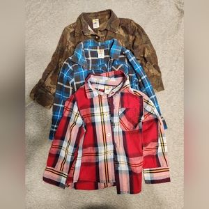 3 Healthtex 3T long sleeve button down shirts, camouflage, plaid, flannel